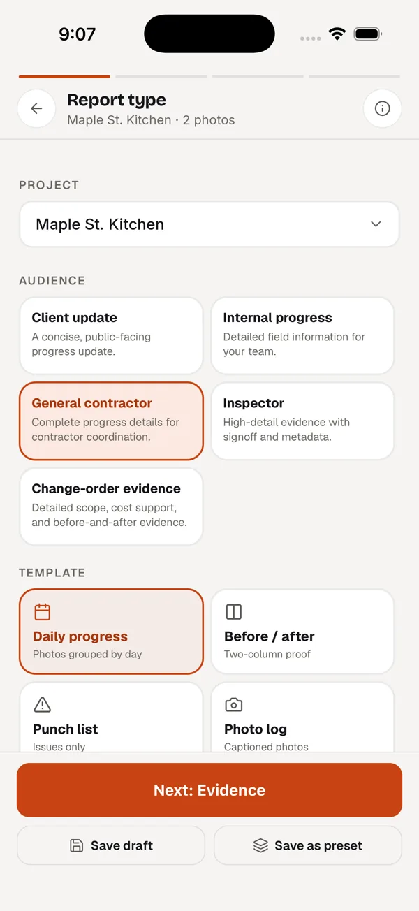 The Recno report builder, step one: choose the audience, such as client update or change-order evidence, and a template, such as daily progress or before and after.