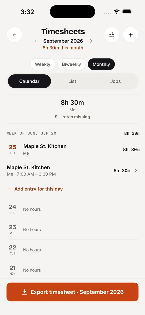 The Recno timesheet for September 2026: 8 hours 30 minutes at Maple St. Kitchen, 7:00 AM to 3:30 PM, with an export button.